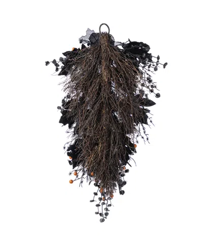 Glitzhome 28" Halloween Black Rose And Berry Swag Metal Wreath Hanger