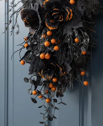 Glitzhome 28" Halloween Black Rose And Berry Swag Metal Wreath Hanger