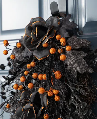 Glitzhome 28" Halloween Black Rose And Berry Swag Metal Wreath Hanger