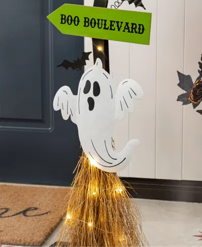 Glitzhome 41.75" Lighted Wooden Ghost's Broom Porch Decor