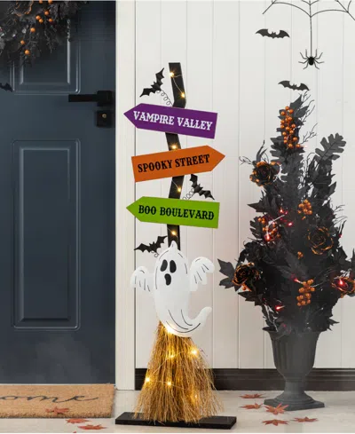 Glitzhome 41.75" Lighted Wooden Ghost's Broom Porch Decor