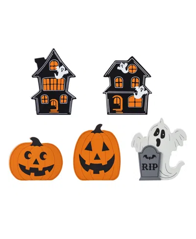 Glitzhome Halloween Wooden Haunted House And Pumpkin Ghost Table Block, Set Of 5