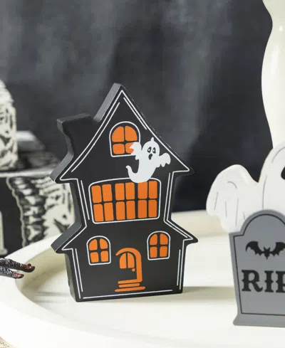 Glitzhome Halloween Wooden Haunted House And Pumpkin Ghost Table Block, Set Of 5