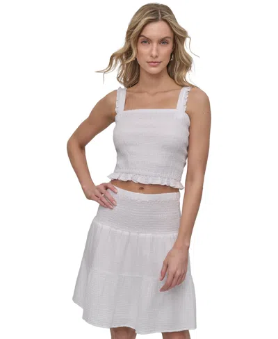 Dkny Jeans Ruffle Strap Smocked Cotton Crop Top
