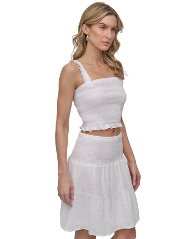 Dkny Jeans Ruffle Strap Smocked Cotton Crop Top