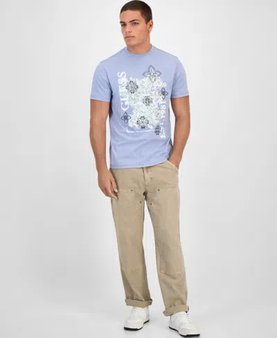 Guess Men's Faded Flower Short Sleeve Logo Graphic T-shirt In Blue