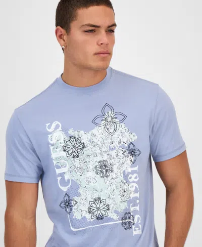 Guess Men's Faded Flower Short Sleeve Logo Graphic T-shirt In Blue