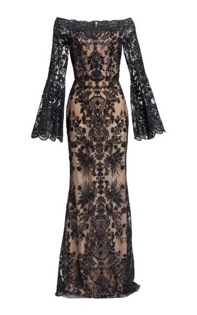 Elie Saab Sequin Embroidered Lace Tulle Long Dress