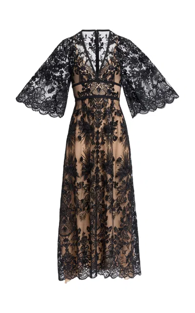Elie Saab Sequin Embroidered Lace Tulle Midi Dress