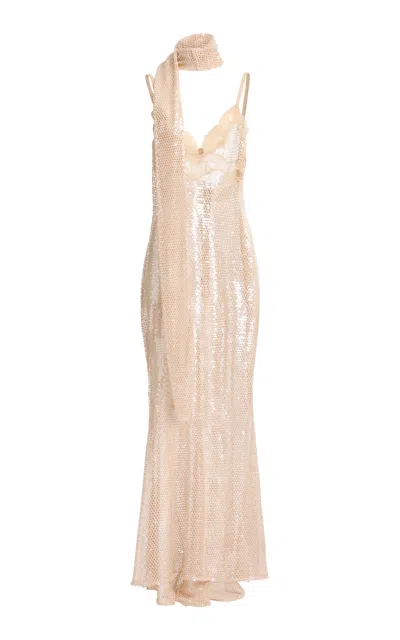 Elie Saab Sequin Mesh Long Dress With Lace Border