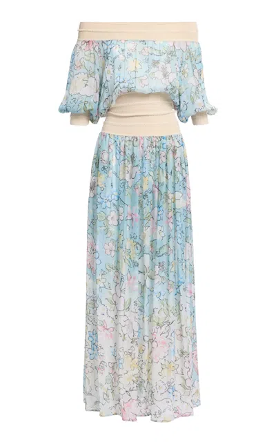 Elie Saab Printed Chiffon Long Dress With Knit Trim