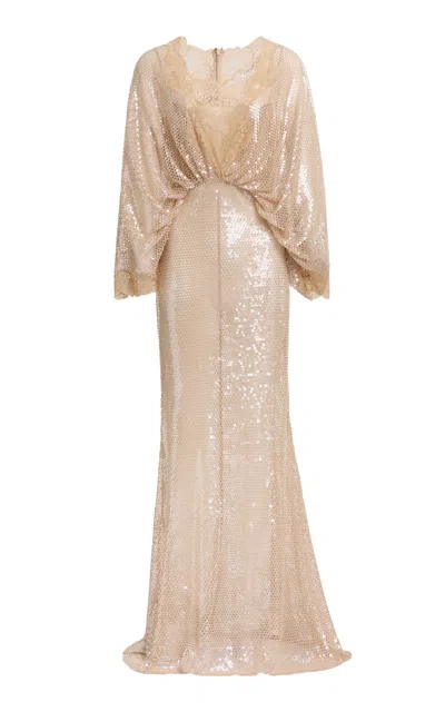 Elie Saab Sequin Mesh Long Dress With Lace Border