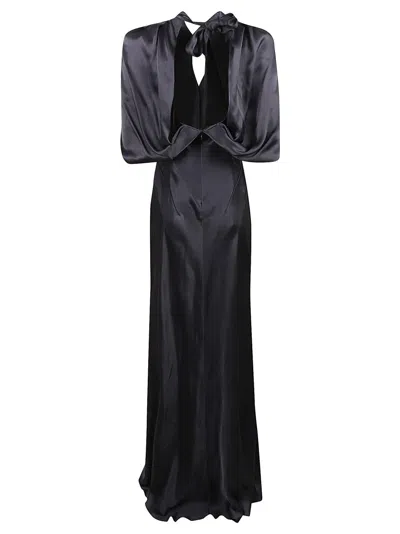 Alberta Ferretti Satin Long Dress With High Collar In Black