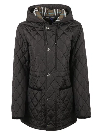Burberry Quilted Black Coat With Hood In Black