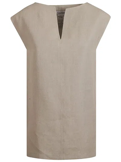 Max Mara Beige Flaxlinen Dress With V-neckline In Neutral
