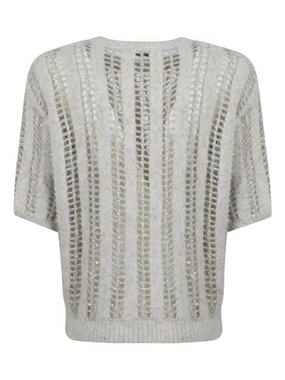 Brunello Cucinelli Open Knit Sweater With Sequined Stripes In Gray