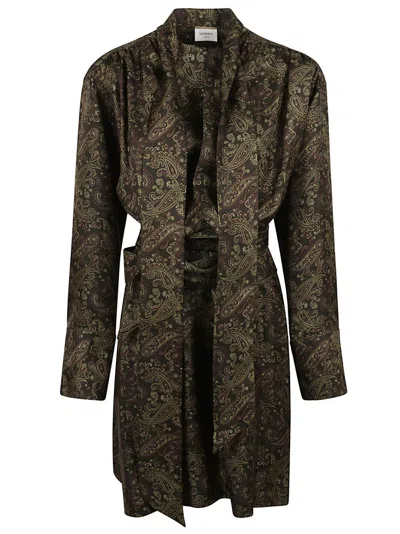 Saint Laurent Silk Paisley Sweater With Belted Waist In Black
