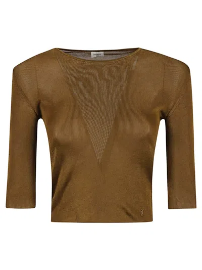 Saint Laurent Cropped Ribbed Top With Deep V-neckline In Brown