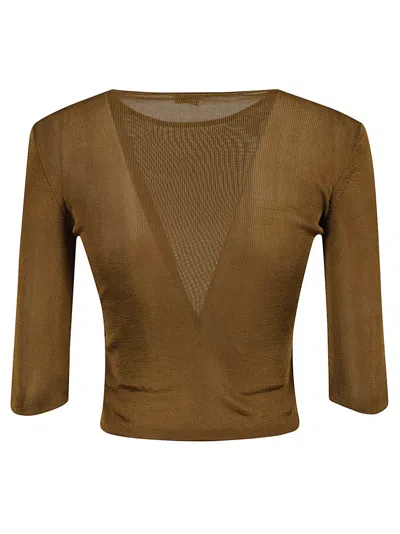 Saint Laurent Cropped Ribbed Top With Deep V-neckline In Brown