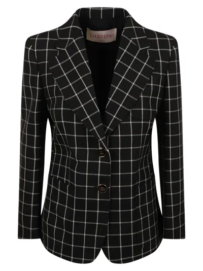 Valentino Garavani Black Checkered Wool Blazer In Black