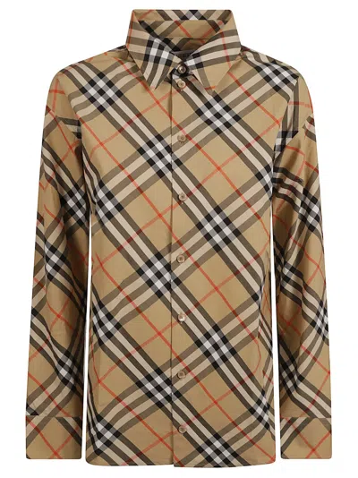 Burberry Plaid Cotton Shirt With Structured Collar In Brown
