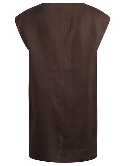 Max Mara V-neck Linen Dress With Cap Sleeves In Brown