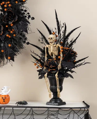 Glitzhome 22" Halloween Black Rose, Skeleton And Berry Urn Table Tree