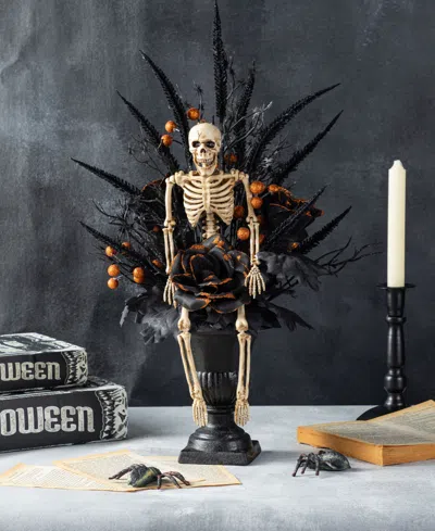 Glitzhome 22" Halloween Black Rose, Skeleton And Berry Urn Table Tree