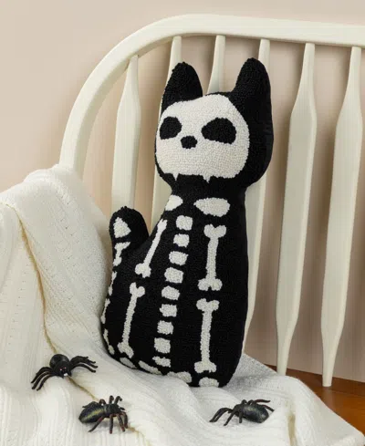 Glitzhome Halloween Hooked Skeleton Cat Shaped Pillow, 9" X 4"