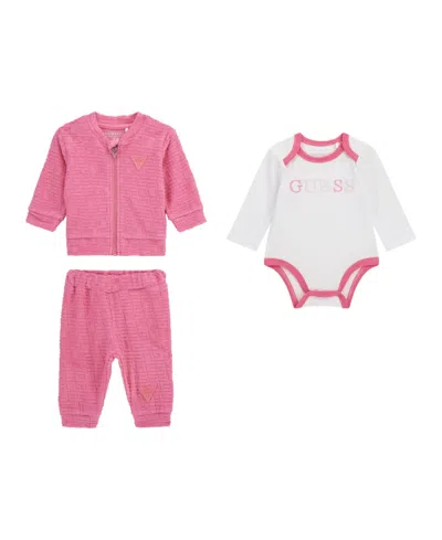 Guess Baby Girls 3-piece Long Sleeve Bodysuit, Jacquard Zip-up Sweatshirt, And Pants Set In Pink