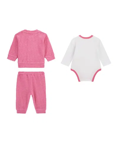 Guess Baby Girls 3-piece Long Sleeve Bodysuit, Jacquard Zip-up Sweatshirt, And Pants Set In Pink