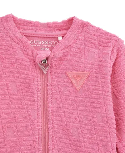 Guess Baby Girls 3-piece Long Sleeve Bodysuit, Jacquard Zip-up Sweatshirt, And Pants Set In Pink