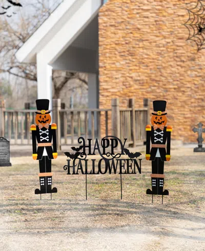Glitzhome Metal Nutcracker And Happy Halloween Yard Stakes, Set Of 3