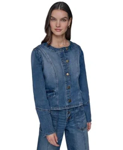 Karl Lagerfeld Petite Crewneck Button-front Denim Jacket