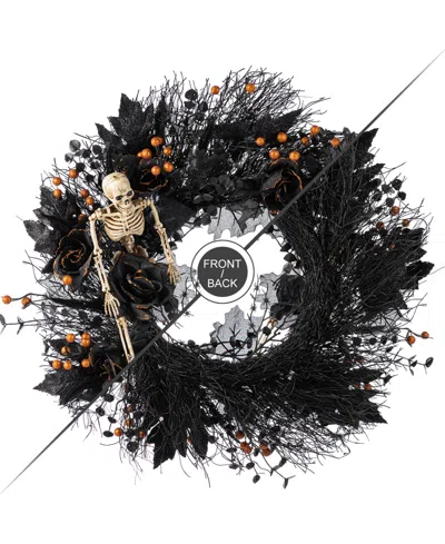 Glitzhome 7" Halloween Black Rose, Skeleton And Berry Wreath Hanger
