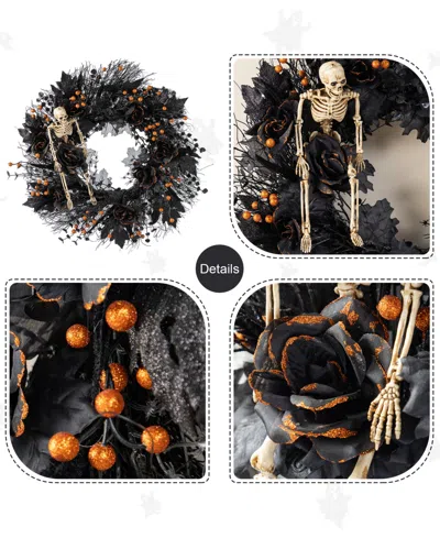 Glitzhome 7" Halloween Black Rose, Skeleton And Berry Wreath Hanger