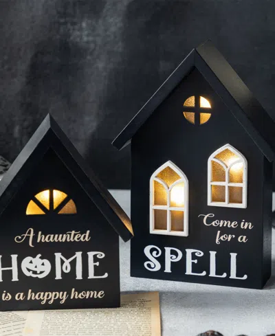 Glitzhome Lighted Halloween Wooden House-shaped Table Decor, Set Of 2