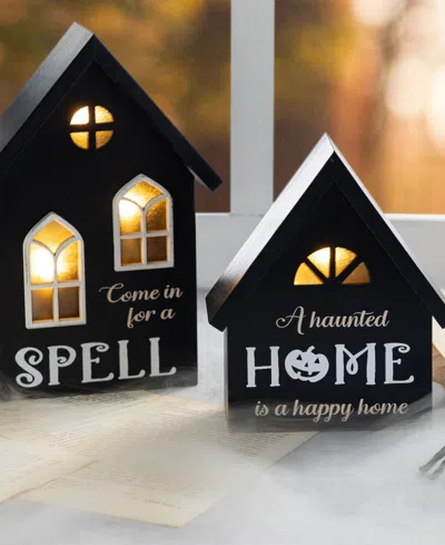 Glitzhome Lighted Halloween Wooden House-shaped Table Decor, Set Of 2