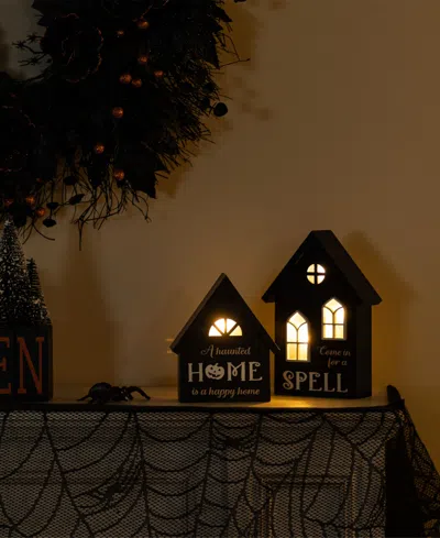 Glitzhome Lighted Halloween Wooden House-shaped Table Decor, Set Of 2