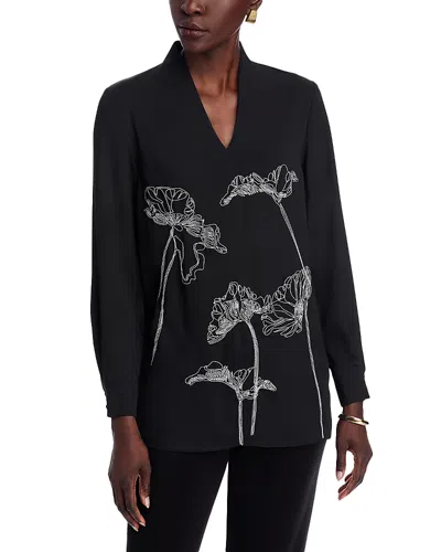 Misook Embroidered V Neck Blouse In Black