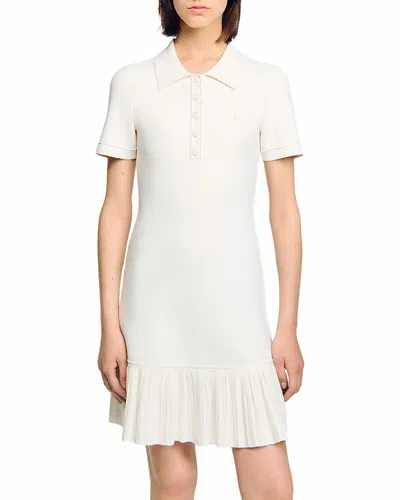 Sandro Womens Ecru Polo-collar Pleated-hem Stretch-knit Mini Dress In Neutral