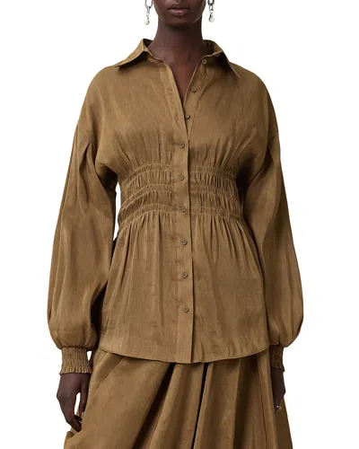 Allsaints Staci Linen & Silk Smocked Shirt In Brown
