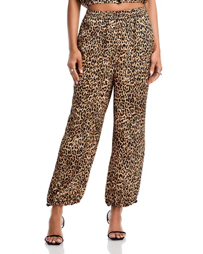 Aqua Satin Palm Leaf Jogger Pants In Brown