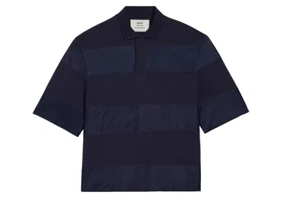 Pre-owned Ami Alexandre Mattiussi Men's Ami Paris X Antoine Dupont Satinstripe Polo Shirt In Navy Blue