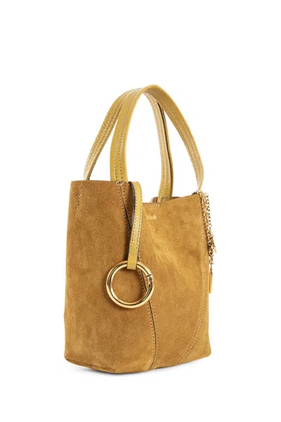 Chloé Small Beige Khaki Suede Spin Tote Bag In Brown