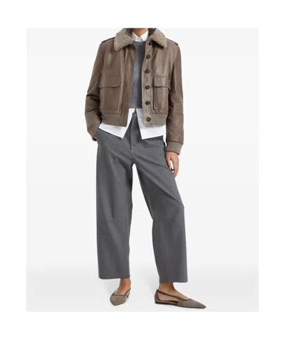 Brunello Cucinelli Fur Collar Leather Jacket In Brown