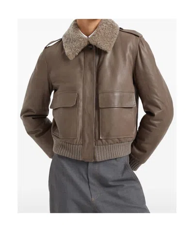 Brunello Cucinelli Fur Collar Leather Jacket In Brown