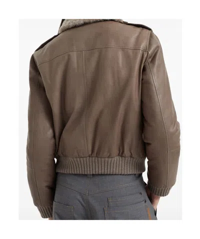 Brunello Cucinelli Fur Collar Leather Jacket In Brown