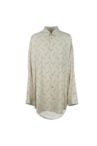 Balenciaga Beige Oversized Shirt With All-over Printed Logo In Viscose Woman In Neutral