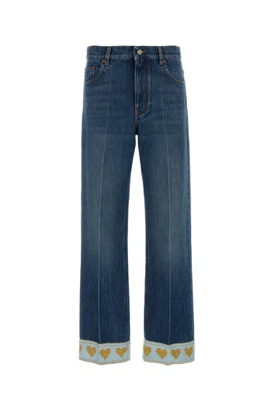 Valentino Heart Court Straight Jeans With Embroidered Hem